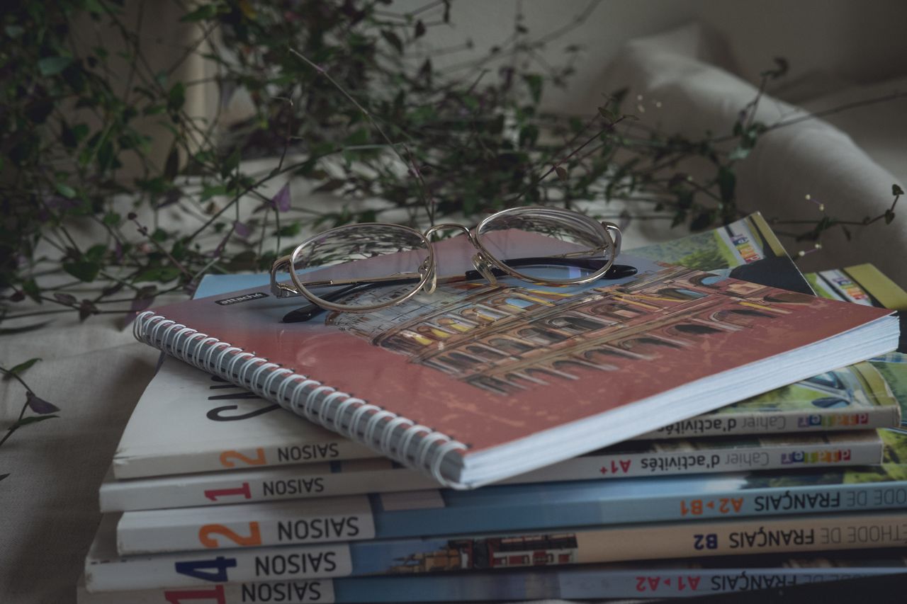 Stack of foreign language textbooks and notepad of student with eyeglasses and dry grass on background